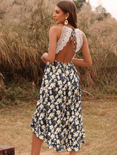 Summer Wome Dress for Print Floral Dress Straps Neck Long Dress