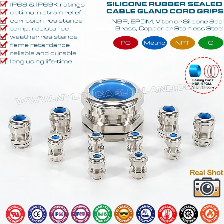 Nickel-plated Brass PG Wire Glands, IP68 Waterproof Metallic Cable Connector Glands with Blue Silicone Seals & O-rings