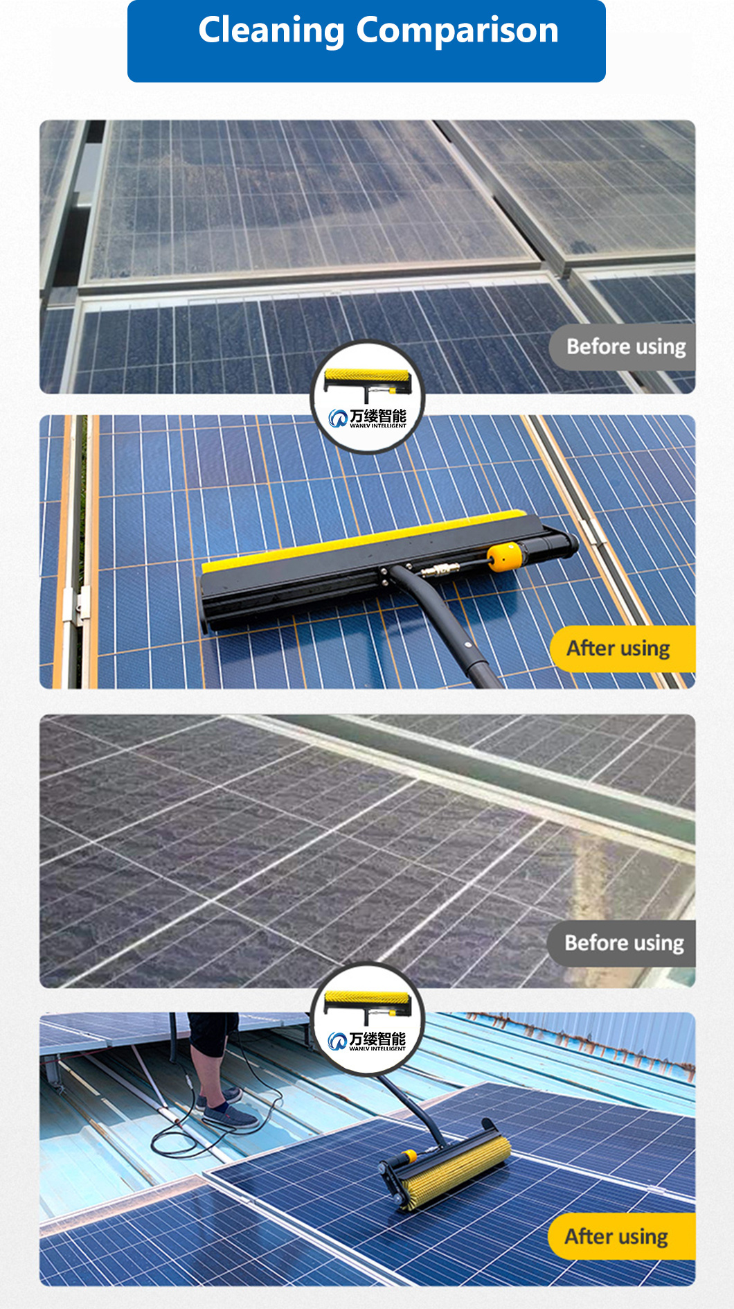 High-Valued Dual Power Supply Modes Rolling Brush for Solar Panel Cleaning with Lengthened 7.5 M Handle