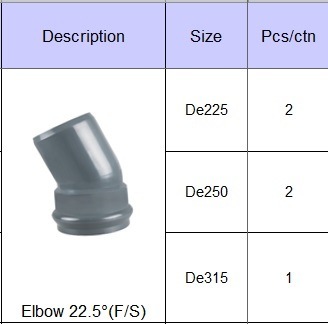 DIN Standard Pn10 PVC Elbow 22.5deg (F/S) Size From 225mm to 315mm