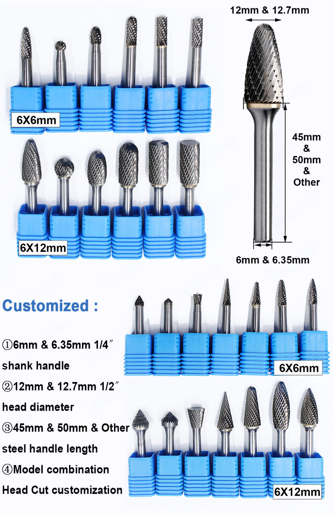 Manufacturer Double Cut 10PCS 1/4 Inch Shank Diameter 6mm 6.35mm Rotary File Burring Tools Tungsten Carbide Burr Set
