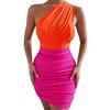 Wholesale Ladies Sleeveless One Shoulder Mini Dresses Customized Two Tone Ruched Bodycon Dress Colorblock Women Dress
