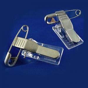 China 29 x 11.5mm Metal Badge Clip with Safety Pin and Clear Square Base, Nickel Plating on sale 
