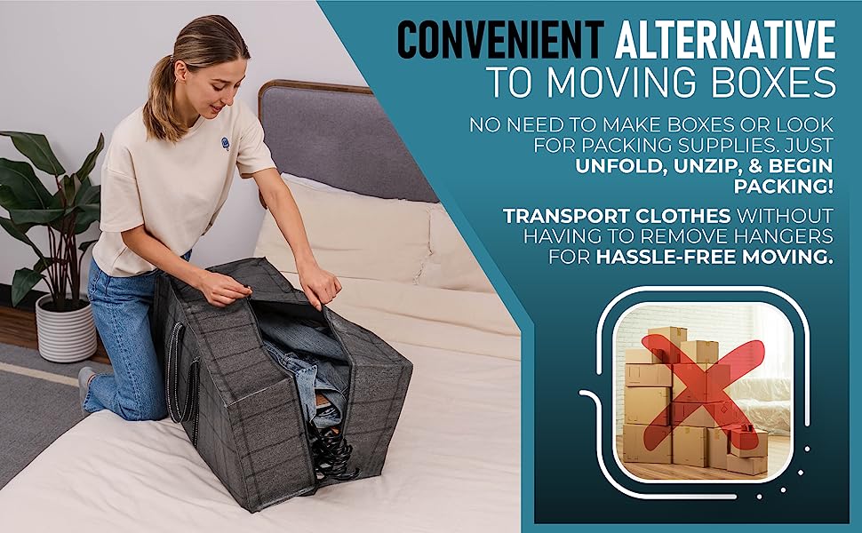 Convenient alternative to moving boxes. Transport clothes without having to remove hangers. 