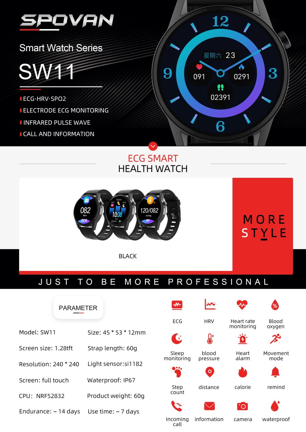 1.28 Inch Full Touch Full Circle Screen ECG Button Touch Dual Operation Sw11 Smart Watch