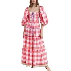 Ladies Puff Sleeve Dress for Women Ruching Checks Clothing Manufacturers Elegant Cotton Custom Logo Maxi Dress