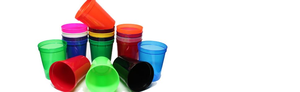 16oz reusable plastic stadium cups in assorted colors for any party theme. Or buy one color in bulk