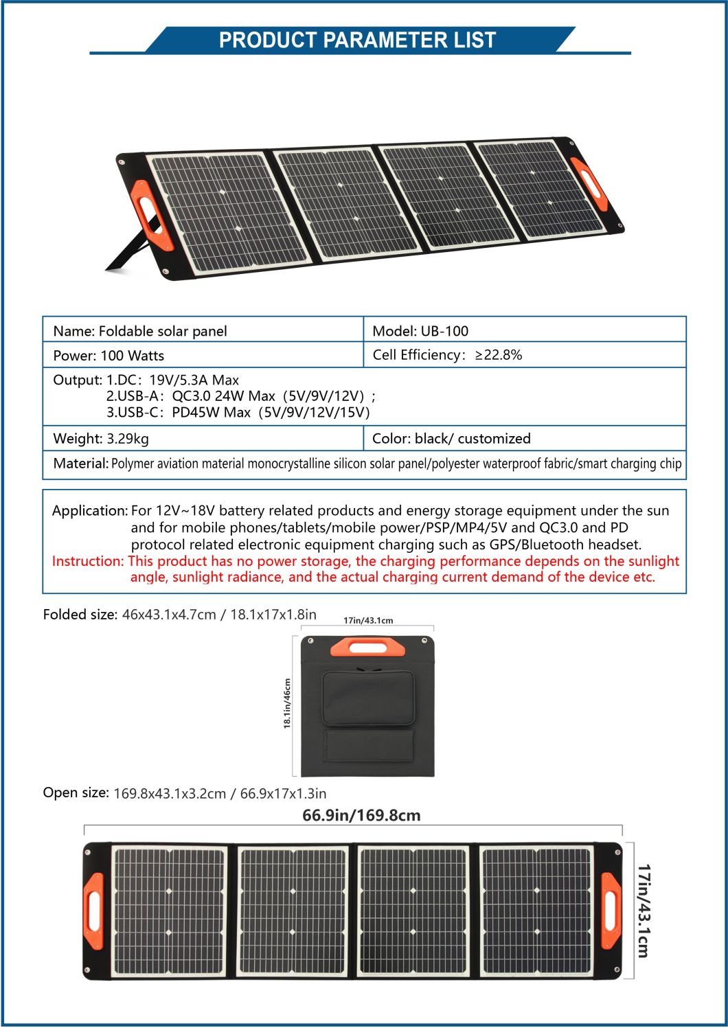 Flexible 100W Foldable Portable Solar Panel with Charger Connector