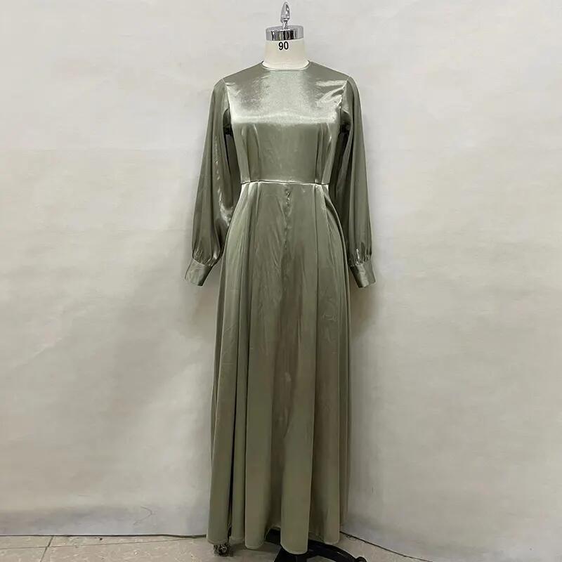 Dubai Turkey Arab Oman Elegant Satin Dress for Women Muslim Solid Color Long Sleeve Islamic Clothing Muslim Dresses Abaya