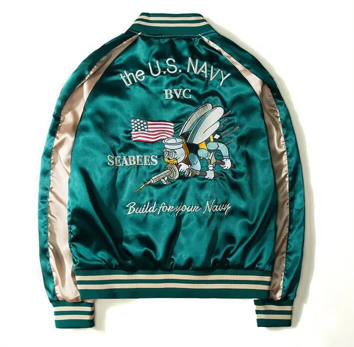 College Jacket Embroidered Satin Baseball Jacket Reversible Bomber for Men