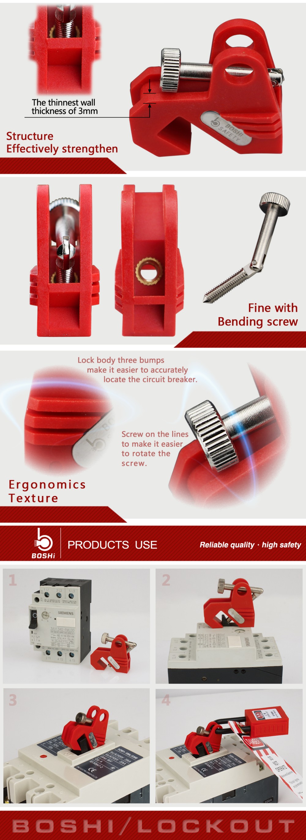 2018 BOSHI Design Red color Multi-Function Nylon PA Miniature Breaker Lockout BD-D14