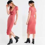 Women Summer Pink Dress Elegant Sexy Side Slit Bodycon Dress With Bow