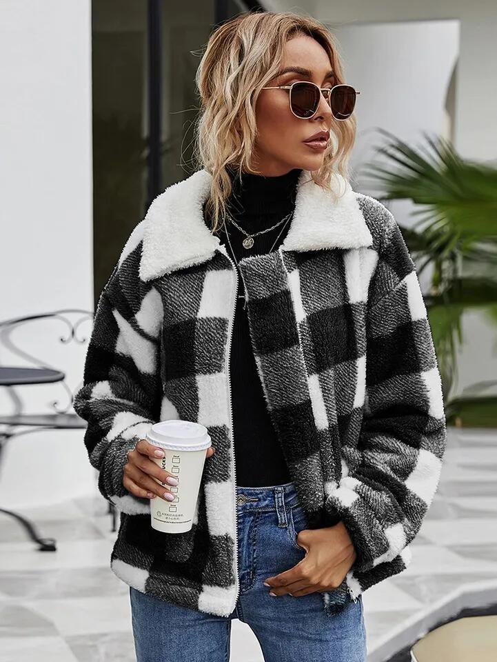 Fashion Fleece Zipper Womens Coats Plaid Flannel Jacket Luxury Coat Casual Winter Stylish