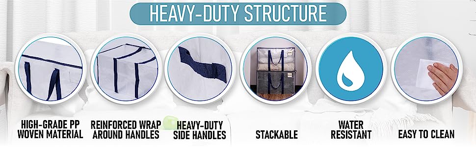 Heavy-duty structure. Showing the 6 main features. High-grade woven material. Water-resistant. 