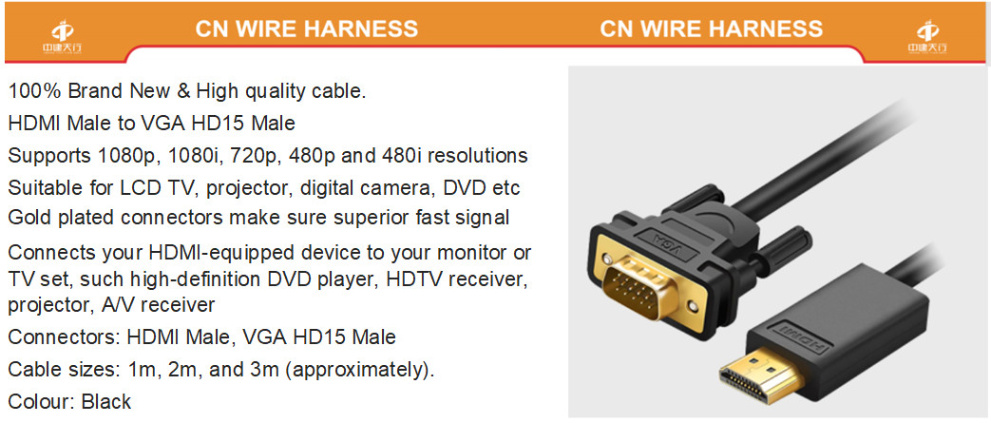 Professional Custom USB Cable VGA Cable to HDMI HDMI to VGA Video Conversion USB Cable