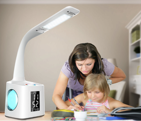 LED Desk lamp with electrical outlet, calendar, temperature display, bedside lighting, study, reading for children