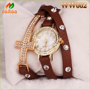 China 2015 New Arrival Fashion Leather Wrap Bracelet Watch With Crystal Rhinestone Cross Women Leather Vintage Watch Bracelet on sale 