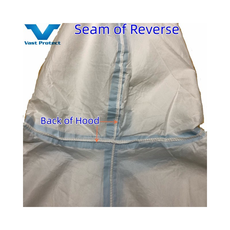 Soft Disposable White Micro Film Coverall with Blue Tape