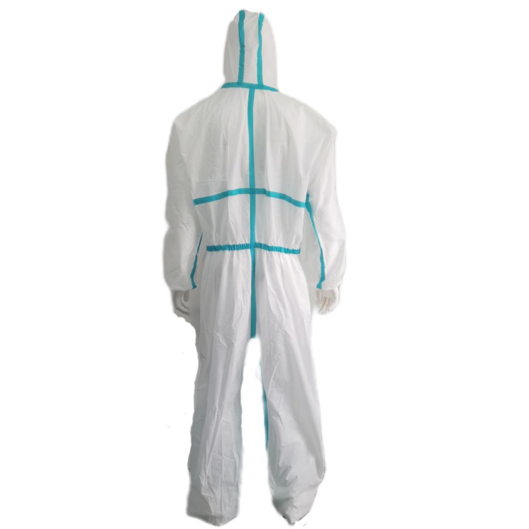 OEM Wholesale CE Type5&6 SMS Nonwoven Hooded Coverall with Blue/Green/Custom Stick Strip