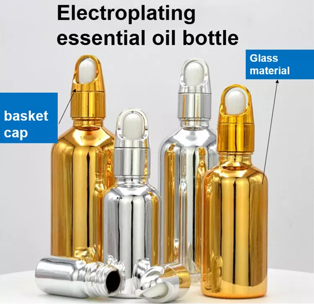 Hot Luxury 10ml 20ml 30ml 50ml Sliver Gold Plating Electroplate Essential Oil Serum Glass Dropper Bottle with Basket Cap
