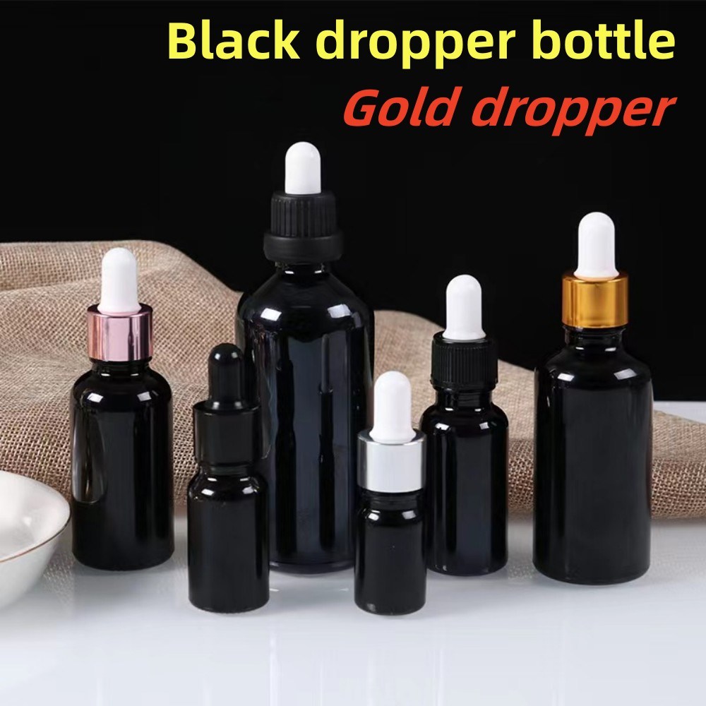Hot Stamping 1oz 10ml 20ml 30ml 50ml Black Shiny Black Glass Dropper Bottle for Essential Oil