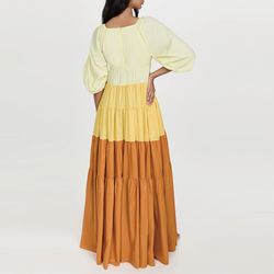 Ladies V Neck Puff Sleeve Dress for Women Color Block Clothing Manufacturers Elegant Nylon Custom Logo Maxi Dress
