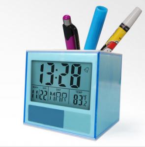 China Home Decor Desk Digital Clock Pen Stand Holder with Penholder Date Temperature for Classroom, Hotel on sale 
