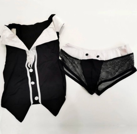 Men′s Butler Waiter Lingerie Suit Tuxedo G- String Thong Underwear with Bow Tie Collar and Bracelets