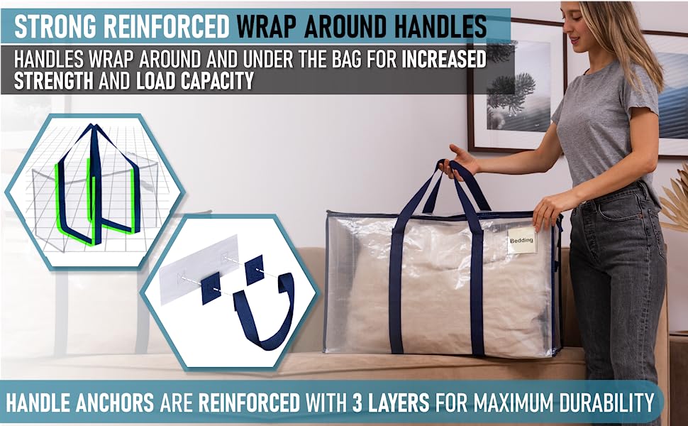 Woman grabbing the clear storage bag by its strong reinforced wrap handles that wrap under the bag.