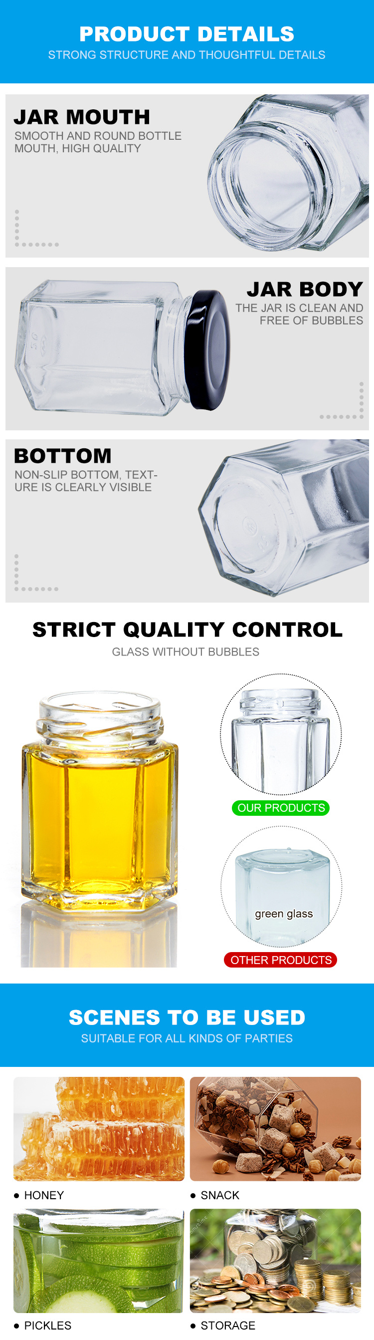 Custom 16 Oz 32 Oz Large Hexagonal Pickle Jars Glass Jar for Food with Tin Lid