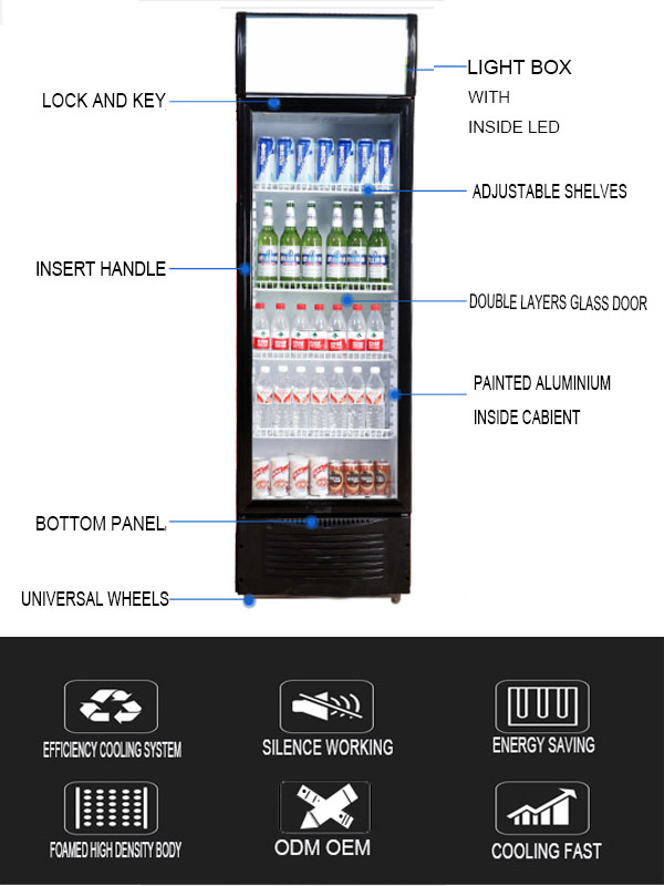 Upright beverage display fridge single glass Door vertical display refrigerator for commercial use