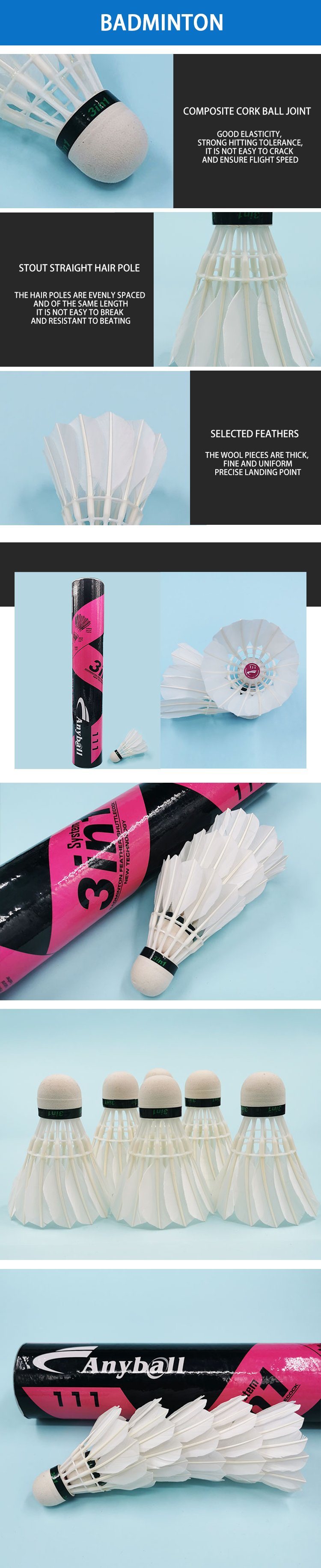 Stable Durable White Goose Feather Badminton Shuttlecocks Anyball 111