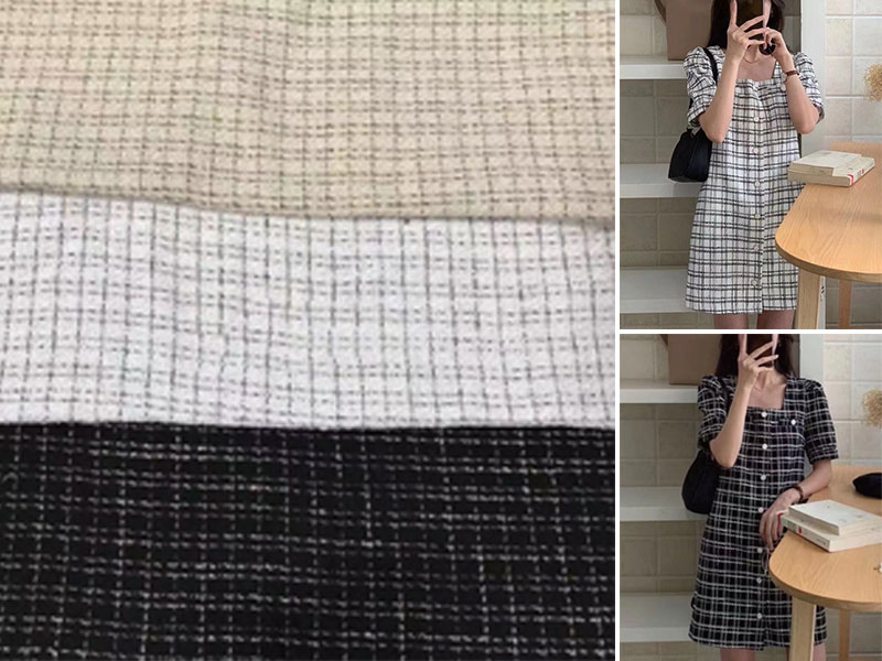 celana blue herringbone tartan wire shiny lurex striped plaid check polyester worsted tweed fabric suit garment for pants dress