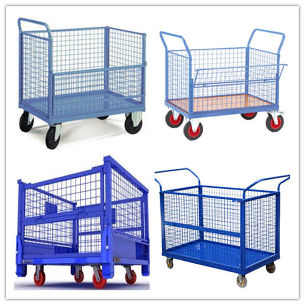 Two Handles 3 Mesh Sides Stores Trolley for Industrial Warehouse 