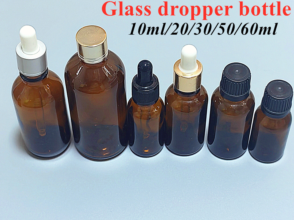 Hot Sale 10ml 20ml 30ml 50ml 60ml Amber Brown Serum Skin Use Cosmetic Esssential Oil Dropper Botttle with Black Dropper