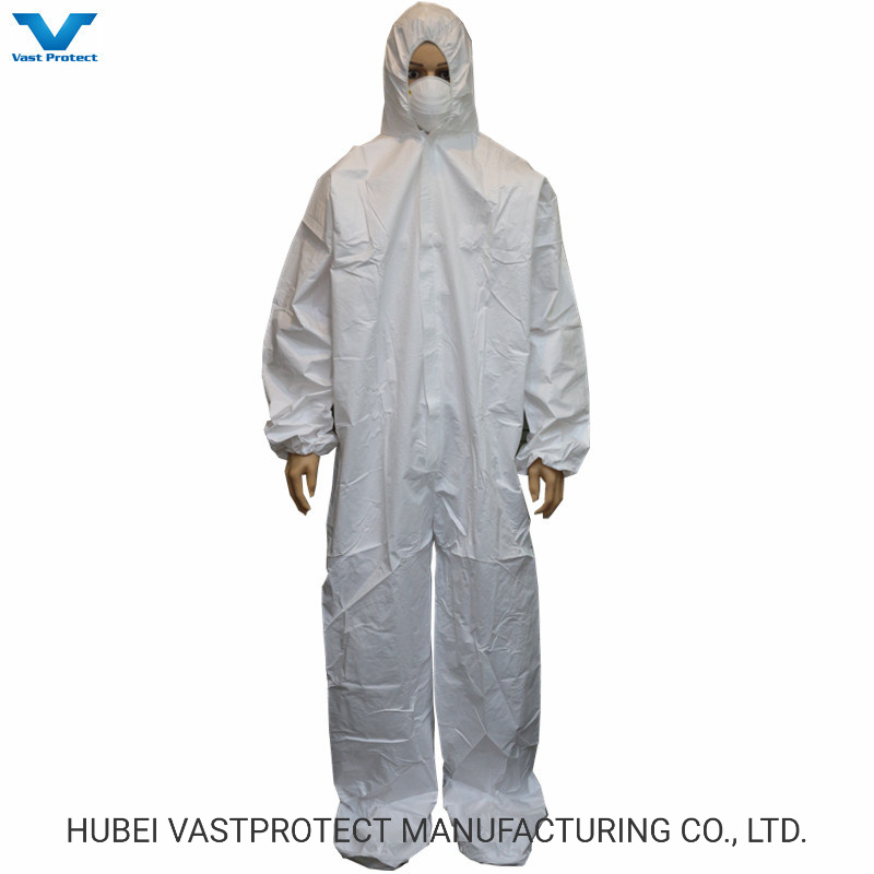 Disposable One Piece Coverall with Hood, Zipper Front, Flap, Elastic Cuffs, Ankles and Hood