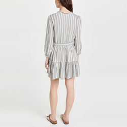 Ladies Long Sleeve Casual Ruffle V Neck Striped Viscose Mini Dress for Women
