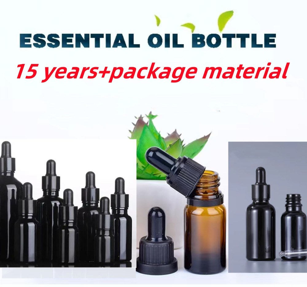 Hot Sale 5ml 10ml 15ml 20ml Essential Oil Serum Flat Shoulder Round Shiny Black Glass Dropper Bottle with Pipette