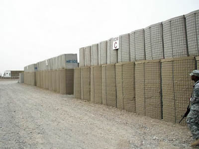 Gabion barriers are installed in the military site.