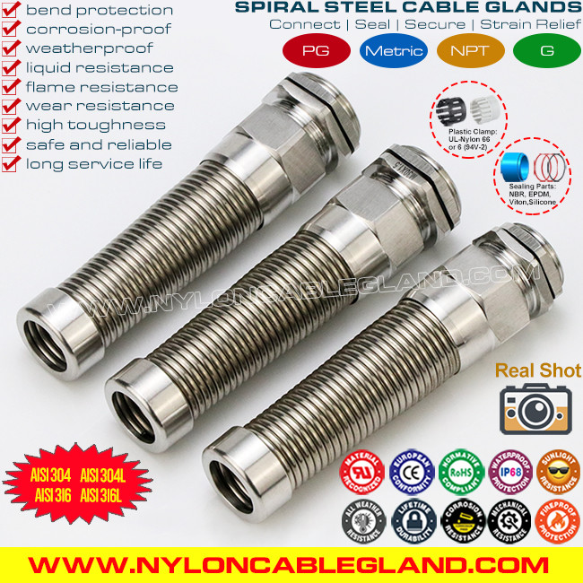 SS316L, SS316, SS304 Stainless Steel Metal Spiral Cable Gland IP68 with Bend Protector