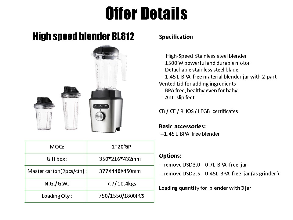 BL 812 Compact High Speed Stainless Speed Blender Countertop Blende7