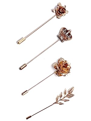 4Pieces Shiny Elegant Gold Crown Rose Purple Flower Wheat Leaf Lapel Pin