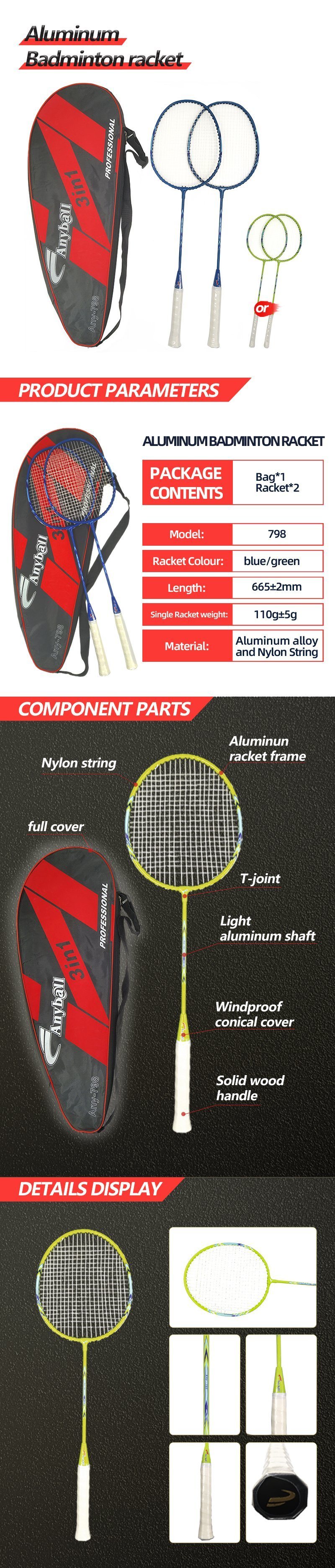 Wholesale Manufacture 2PCS Aluminium Alloy Badminton Racket Custom Aluminum Rackets
