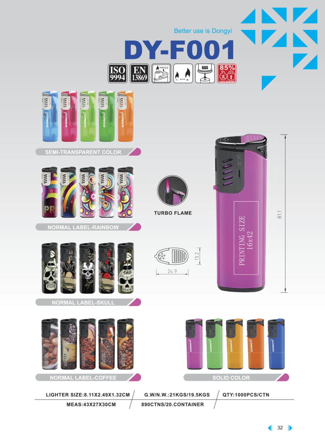 Dongyi High Quality Windproof Gas Lighter with ISO99994 Dy-F001