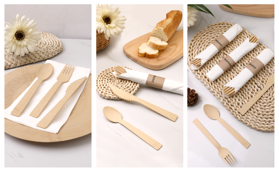 Bamboo forks spoons knives sets pre rolled