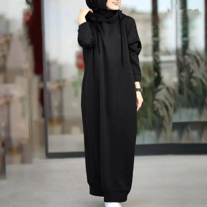 Solid Color of Long Style Set Islamic Clothing Autumn Winter Hooded Coat for Abaya Women Muslim Dress and Lady Hoodies Coat