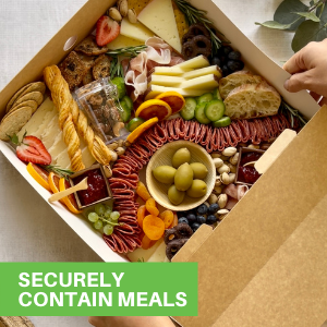 These disposable trays with lids are made from kraft paper that holds the weight of foods.