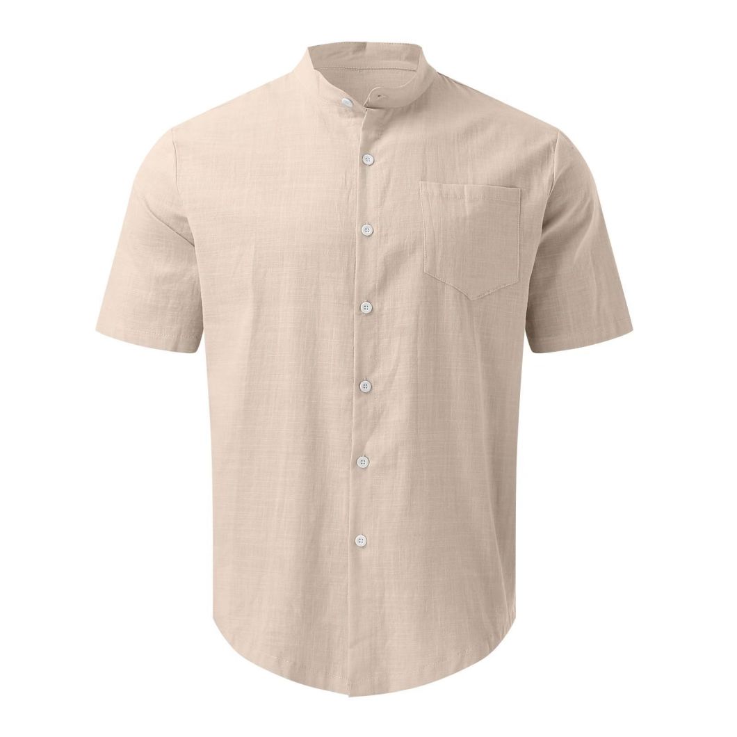 2023 Men&prime;s Short-Sleeved Cotton Linen Shirt Standing Collar Slim-Fit Men&prime;s Shirt