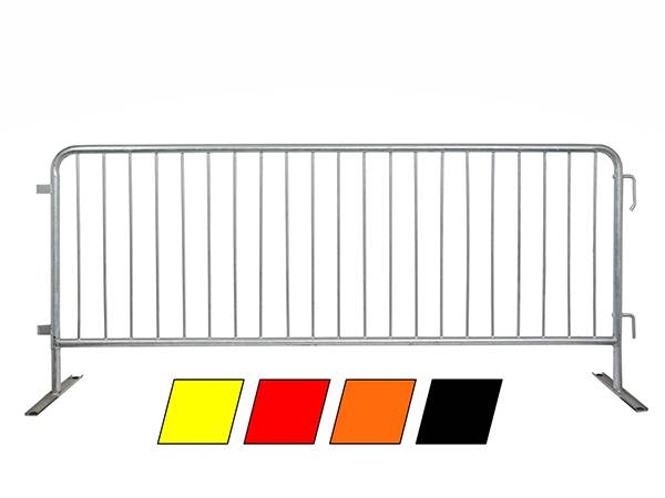 A hot dipped galvanized crowd control barrier with four colors below: yellow, red, black and orange.