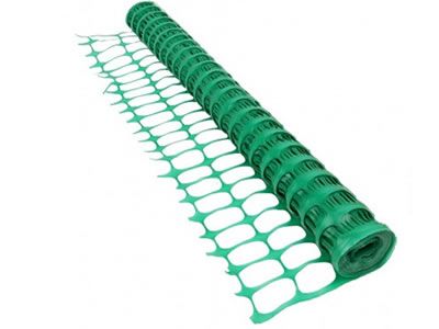 A roll of green safety fence with oval mesh opening.